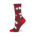 Merry Panda sock: Festive maroon sock with pandas wearing Santa hats and white snowflakes. Features solid red heel and toe.