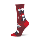 Merry Panda sock: Festive maroon sock with pandas wearing Santa hats and white snowflakes. Features solid red heel and toe.