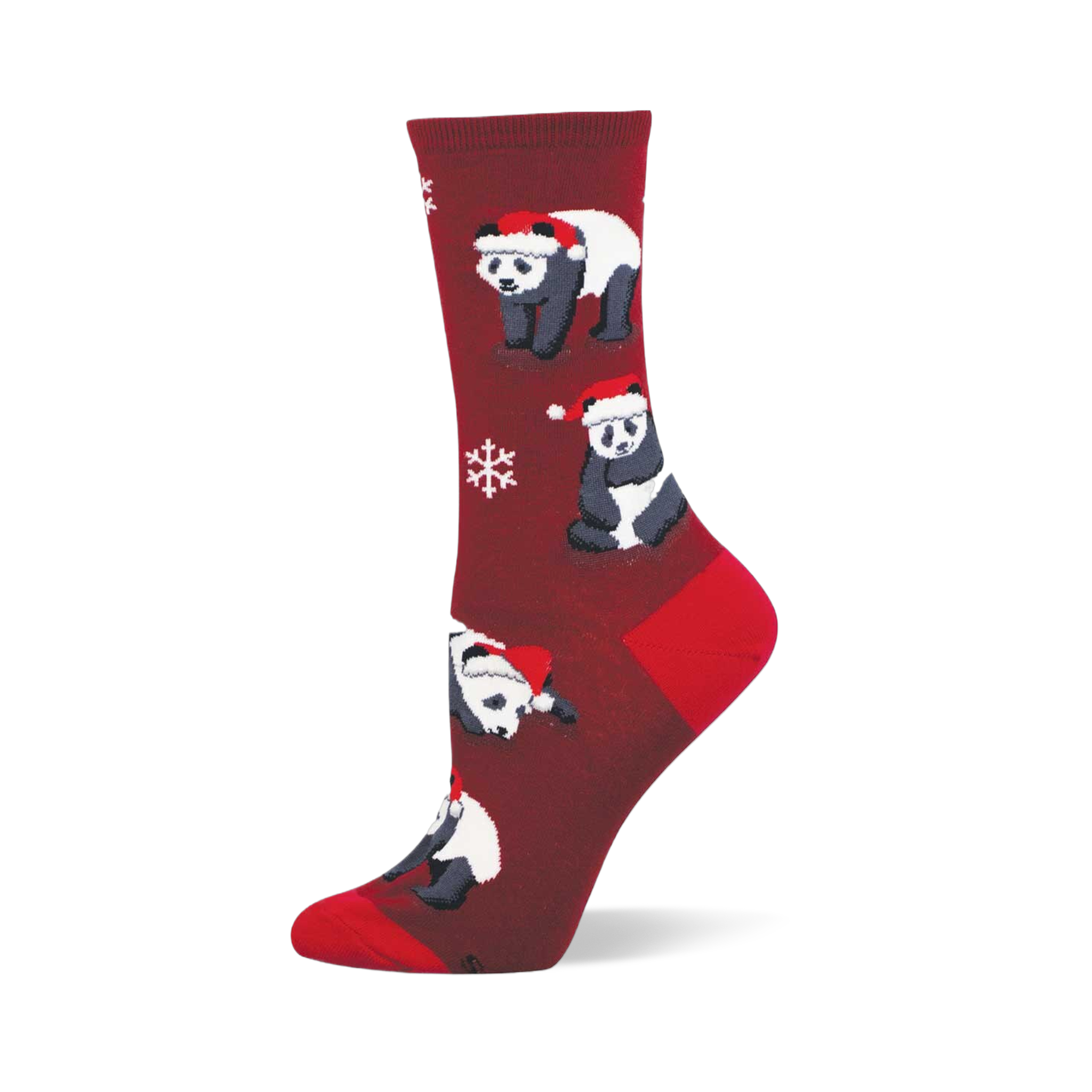 Merry Panda sock: Festive maroon sock with pandas wearing Santa hats and white snowflakes. Features solid red heel and toe.