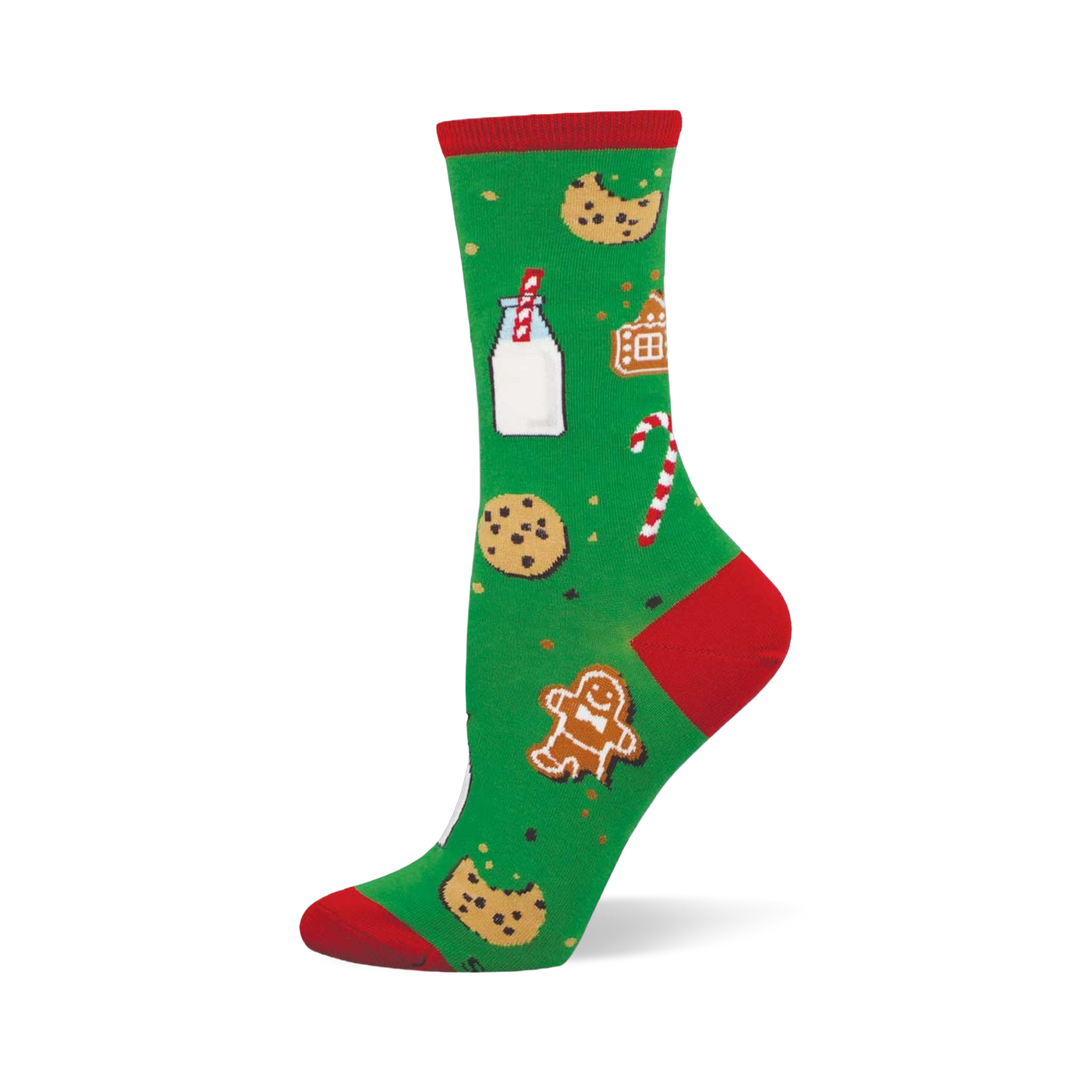 Green crew sock with red toe, heel, and cuff, featuring a pattern of milk, chocolate chip cookies, gingerbread man and house, and candy canes.
