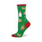 Green crew sock with red toe, heel, and cuff, featuring a pattern of milk, chocolate chip cookies, gingerbread man and house, and candy canes.