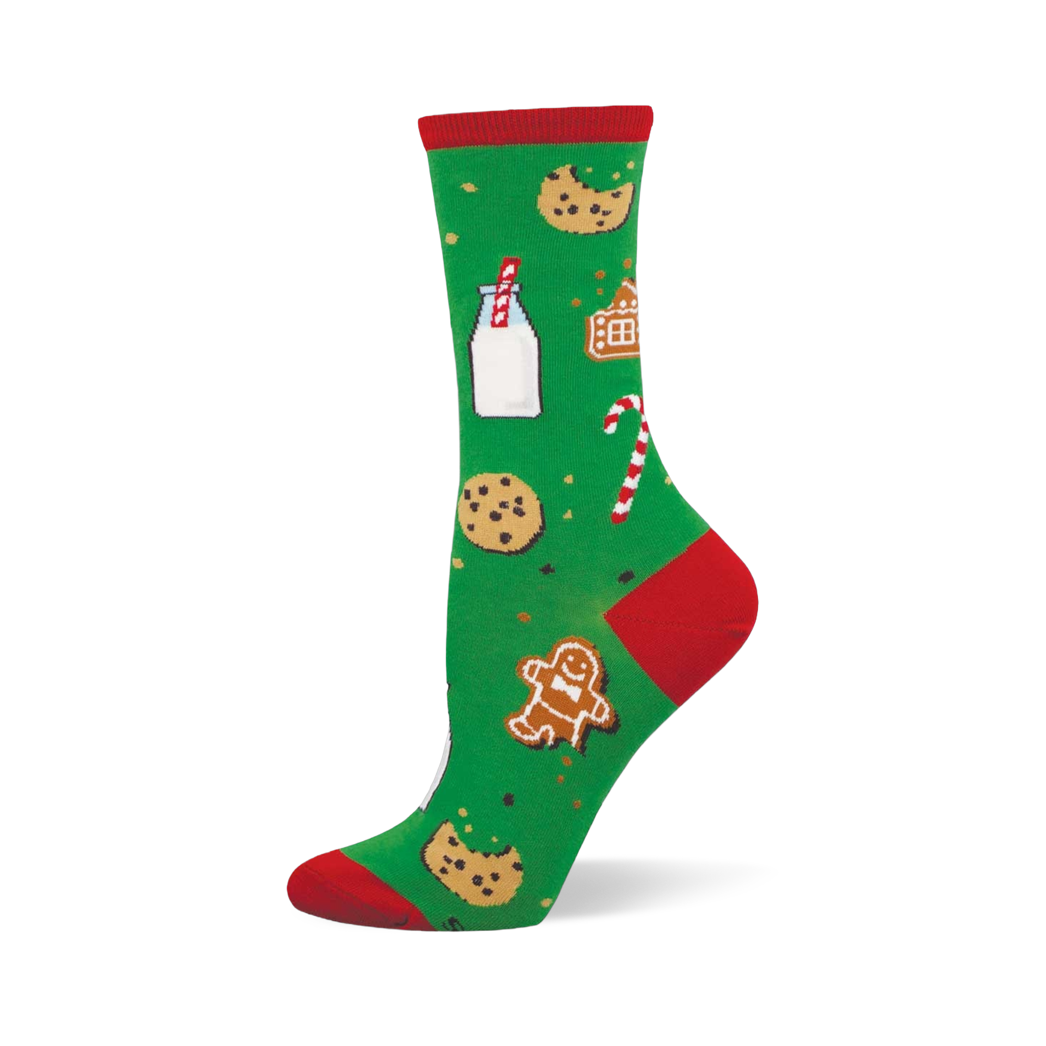 Green crew sock with red toe, heel, and cuff, featuring a pattern of milk, chocolate chip cookies, gingerbread man and house, and candy canes.