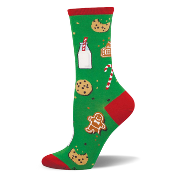 Green crew sock with red toe, heel, and cuff, featuring a pattern of milk, chocolate chip cookies, gingerbread man and house, and candy canes.