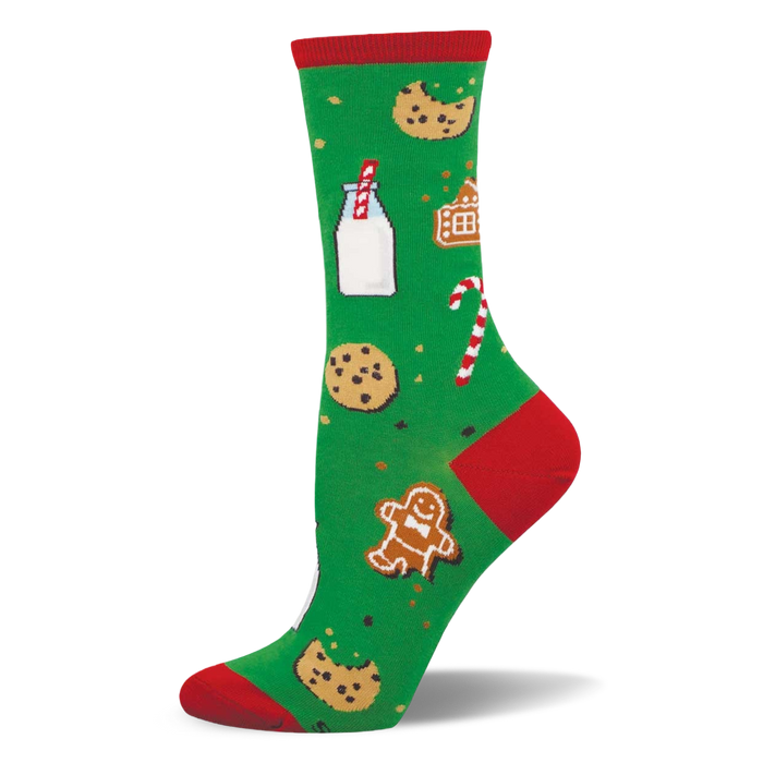 Green crew sock with red toe, heel, and cuff, featuring a pattern of milk, chocolate chip cookies, gingerbread man and house, and candy canes. }}