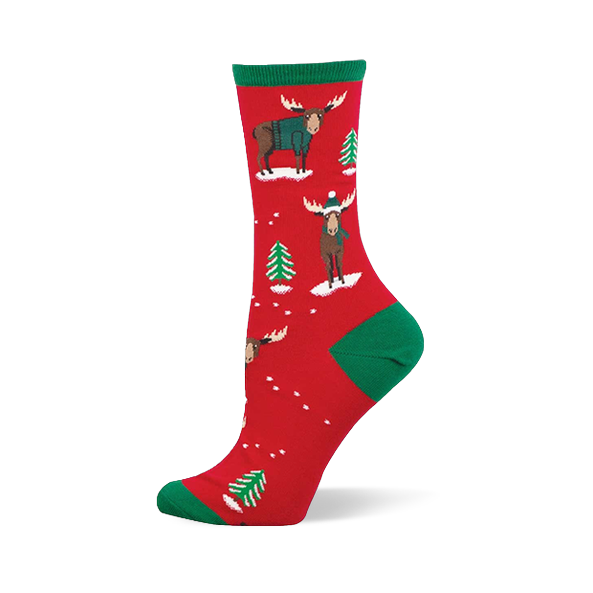 Red crew socks with green accents, featuring festive moose in teal sweaters and beanies, plus green Christmas trees and white snow.