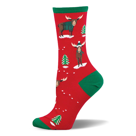 Red crew socks with green accents, featuring festive moose in teal sweaters and beanies, plus green Christmas trees and white snow. }}