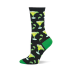 Black crew sock with bright green margarita glasses, white salt rims, lime wedges, and scattered dark green lime slices. Green heel and toe.