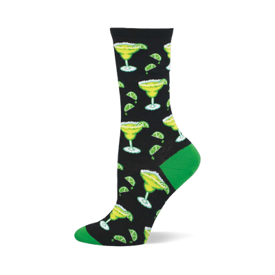 Black crew sock with bright green margarita glasses, white salt rims, lime wedges, and scattered dark green lime slices. Green heel and toe.
