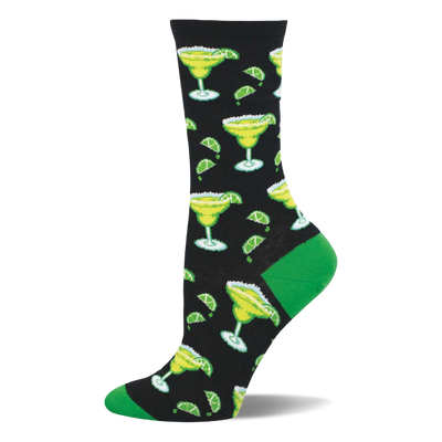 Black crew sock with bright green margarita glasses, white salt rims, lime wedges, and scattered dark green lime slices. Green heel and toe.