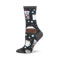 Dark grey crew socks with a repeating pattern of brown iced coffees with pink straws, white mugs, a coffee pot, and blue ice cubes.