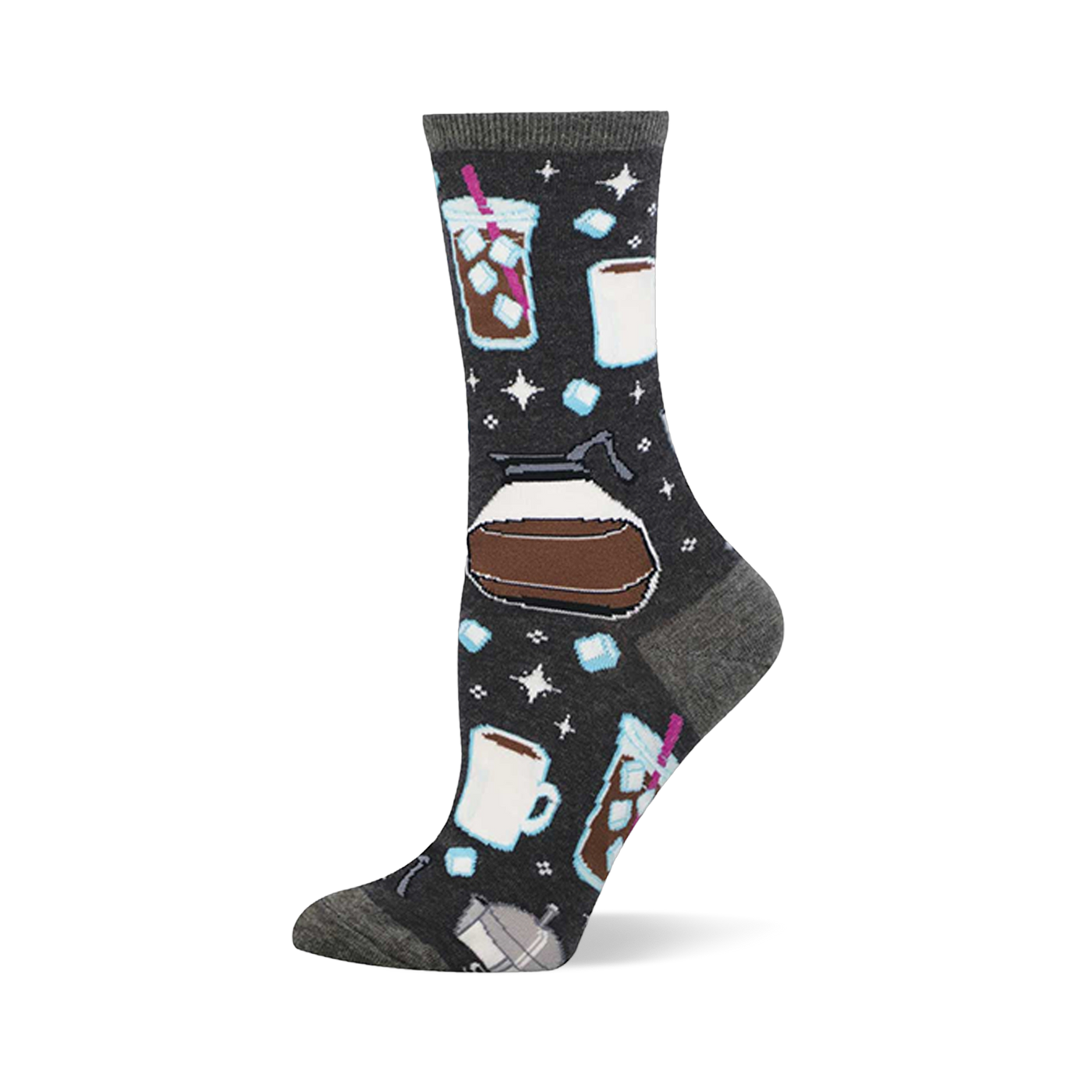 Dark grey crew socks with a repeating pattern of brown iced coffees with pink straws, white mugs, a coffee pot, and blue ice cubes.