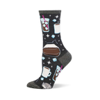 Dark grey crew socks with a repeating pattern of brown iced coffees with pink straws, white mugs, a coffee pot, and blue ice cubes.