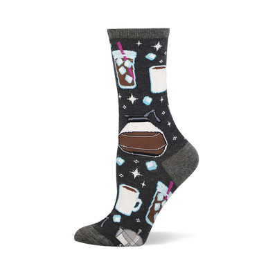 Dark grey crew socks with a repeating pattern of brown iced coffees with pink straws, white mugs, a coffee pot, and blue ice cubes.