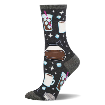 Dark grey crew socks with a repeating pattern of brown iced coffees with pink straws, white mugs, a coffee pot, and blue ice cubes.