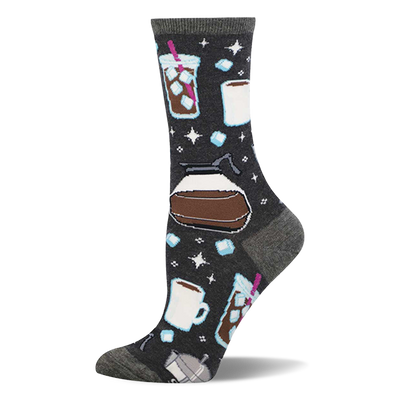 Dark grey crew socks with a repeating pattern of brown iced coffees with pink straws, white mugs, a coffee pot, and blue ice cubes.