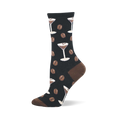 Black crew socks with a repeating pattern of white espresso martini glasses and brown coffee beans. Brown heel and toe.