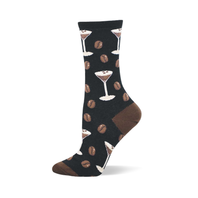 Black crew socks with a repeating pattern of white espresso martini glasses and brown coffee beans. Brown heel and toe.