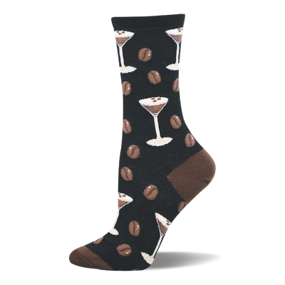Black crew socks with a repeating pattern of white espresso martini glasses and brown coffee beans. Brown heel and toe.