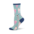 Crew sock with a light blue background, covered in pink and speckled grey milkshakes. Dark blue cuff, heel, and toe.