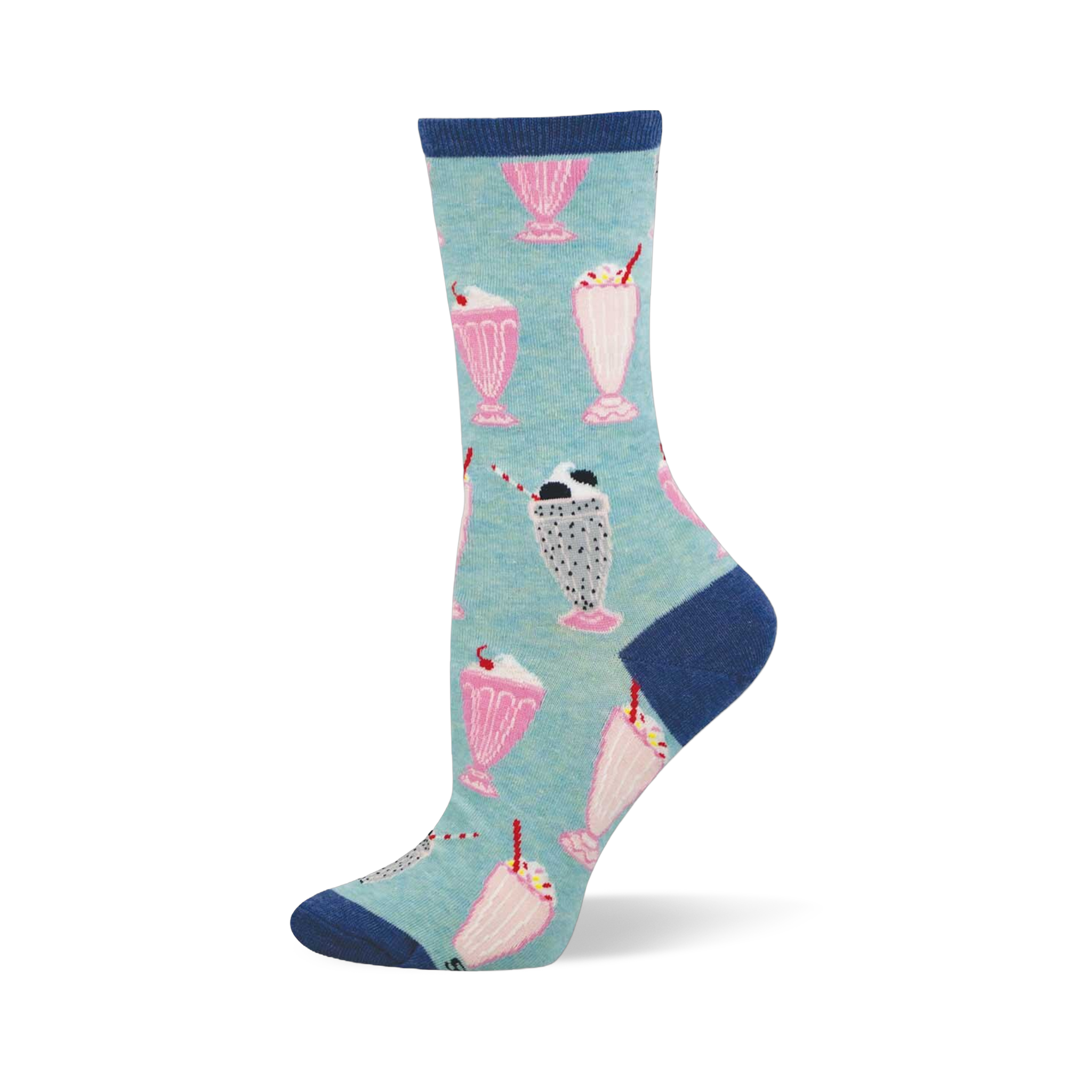 Crew sock with a light blue background, covered in pink and speckled grey milkshakes. Dark blue cuff, heel, and toe.