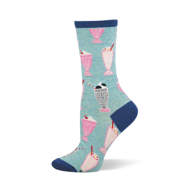Crew sock with a light blue background, covered in pink and speckled grey milkshakes. Dark blue cuff, heel, and toe.