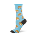 Light blue crew sock with a pattern of ice cream sandwiches featuring chocolate chip cookies, white filling, and sprinkles. Dark gray heel and toe.