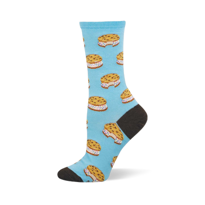 Light blue crew sock with a pattern of ice cream sandwiches featuring chocolate chip cookies, white filling, and sprinkles. Dark gray heel and toe.