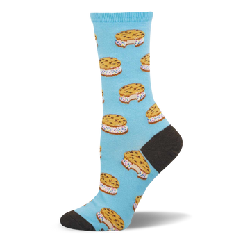 Light blue crew sock with a pattern of ice cream sandwiches featuring chocolate chip cookies, white filling, and sprinkles. Dark gray heel and toe.