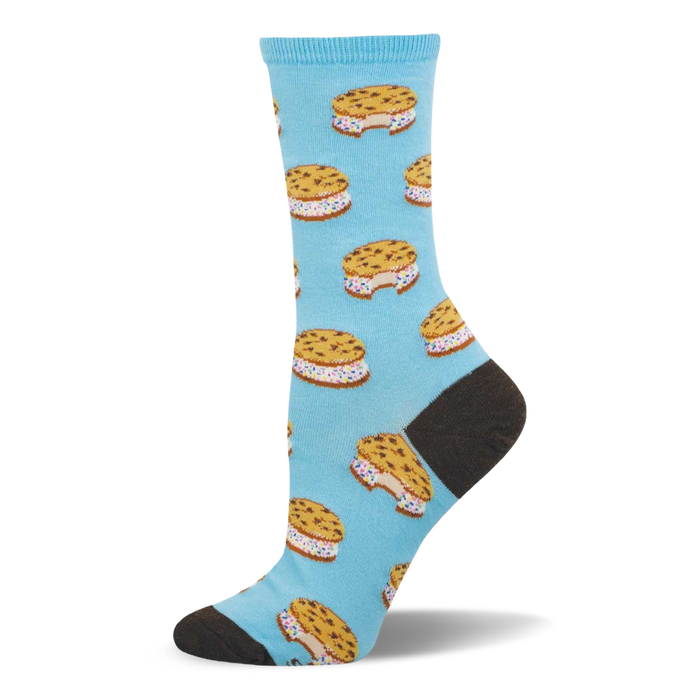 Light blue crew sock with a pattern of ice cream sandwiches featuring chocolate chip cookies, white filling, and sprinkles. Dark gray heel and toe. }}