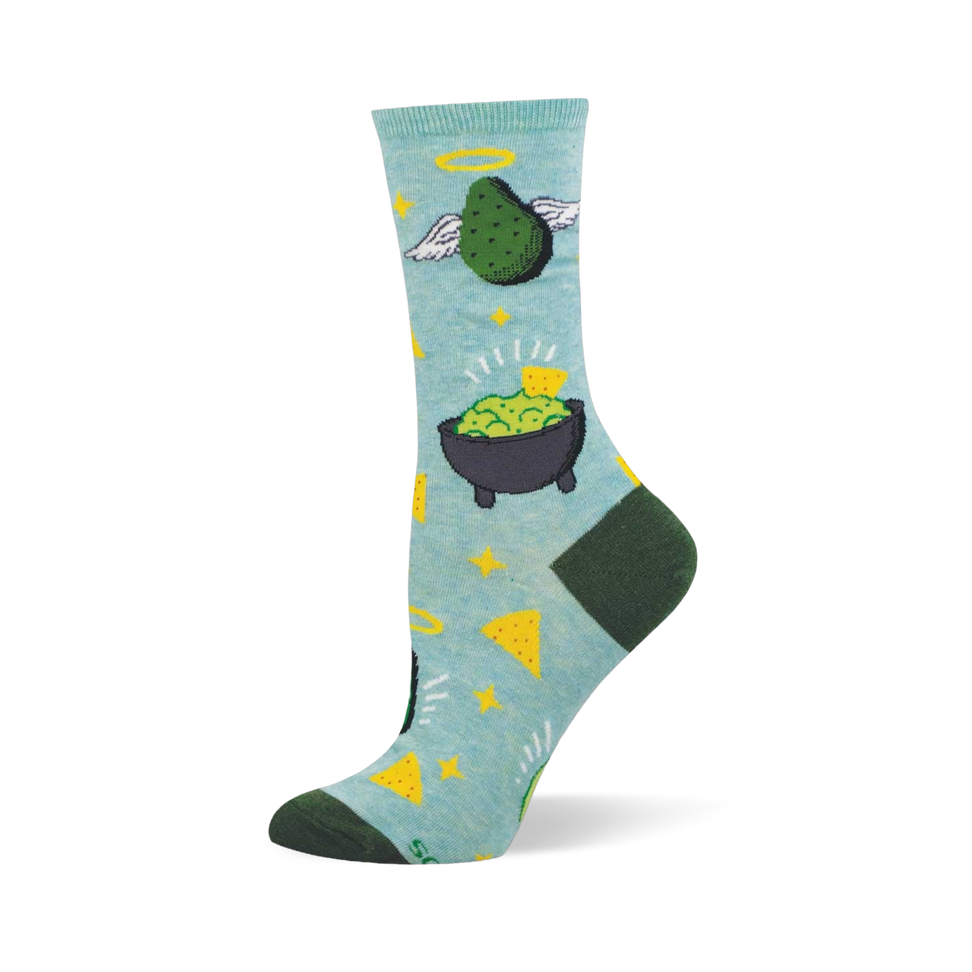 Light blue crew sock with an angelic green avocado, guacamole in a molcajete, yellow stars, and tortilla chips. Dark green heel and toe.