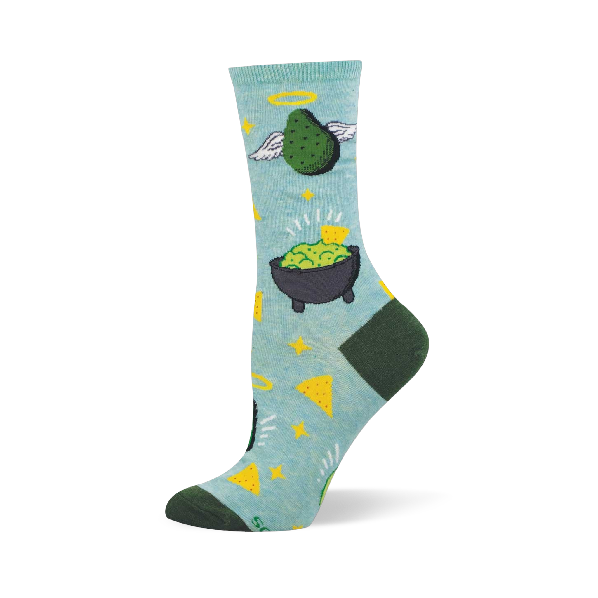 Light blue crew sock with an angelic green avocado, guacamole in a molcajete, yellow stars, and tortilla chips. Dark green heel and toe.