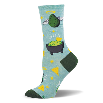 Light blue crew sock with an angelic green avocado, guacamole in a molcajete, yellow stars, and tortilla chips. Dark green heel and toe.