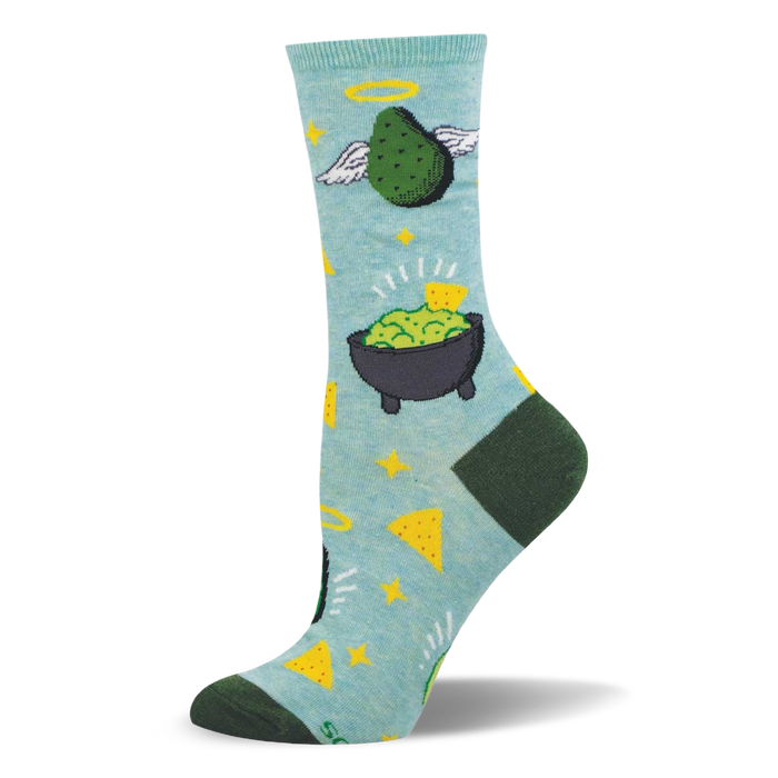 Light blue crew sock with an angelic green avocado, guacamole in a molcajete, yellow stars, and tortilla chips. Dark green heel and toe. }}