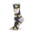 Dark gray crew socks with a repeating pattern of golden crab rangoons and white takeout boxes. Light gray heel, toe, and cuff.