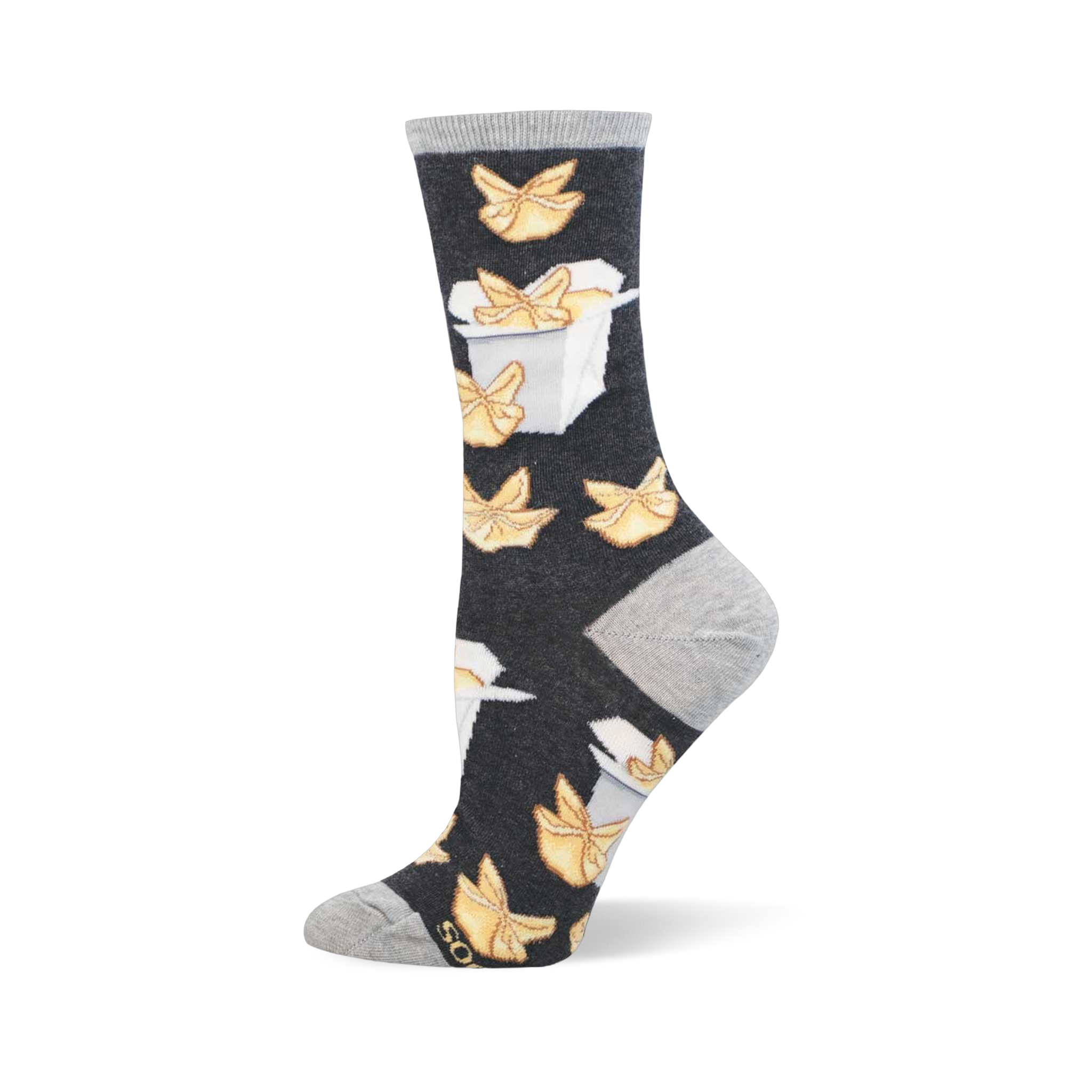 Dark gray crew socks with a repeating pattern of golden crab rangoons and white takeout boxes. Light gray heel, toe, and cuff.
