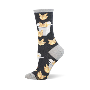 Dark gray crew socks with a repeating pattern of golden crab rangoons and white takeout boxes. Light gray heel, toe, and cuff.