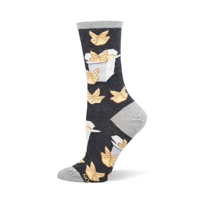 Dark gray crew socks with a repeating pattern of golden crab rangoons and white takeout boxes. Light gray heel, toe, and cuff.