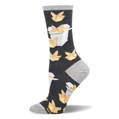 Dark gray crew socks with a repeating pattern of golden crab rangoons and white takeout boxes. Light gray heel, toe, and cuff.