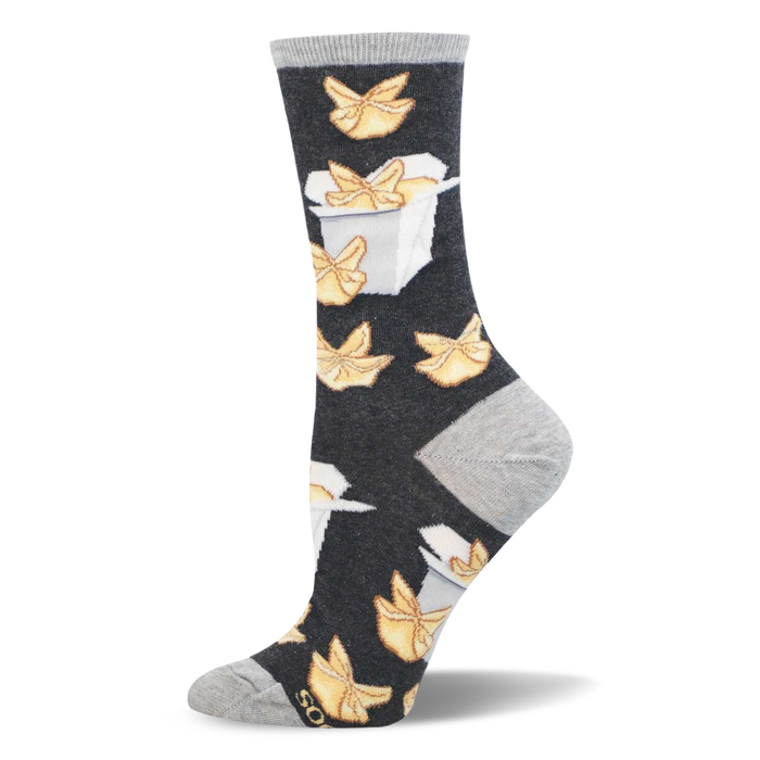 Dark gray crew socks with a repeating pattern of golden crab rangoons and white takeout boxes. Light gray heel, toe, and cuff. }}
