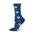 Navy blue crew socks with an all-over pattern of light blue bowls of colorful fruity cereal, white spoons, and individual cereal O's.