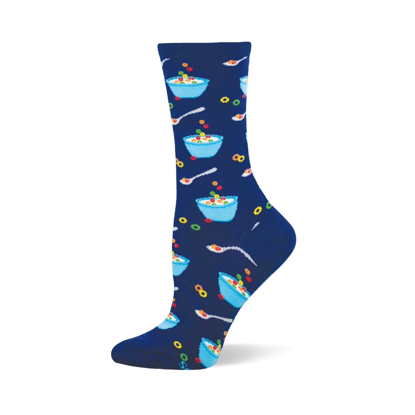 Navy blue crew socks with an all-over pattern of light blue bowls of colorful fruity cereal, white spoons, and individual cereal O's.