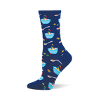 Navy blue crew socks with an all-over pattern of light blue bowls of colorful fruity cereal, white spoons, and individual cereal O's.