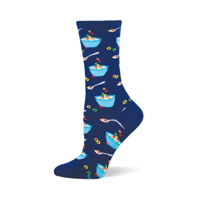 Navy blue crew socks with an all-over pattern of light blue bowls of colorful fruity cereal, white spoons, and individual cereal O's.