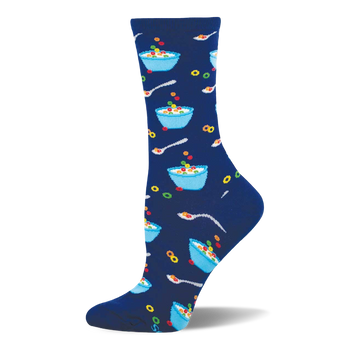 Navy blue crew socks with an all-over pattern of light blue bowls of colorful fruity cereal, white spoons, and individual cereal O's.