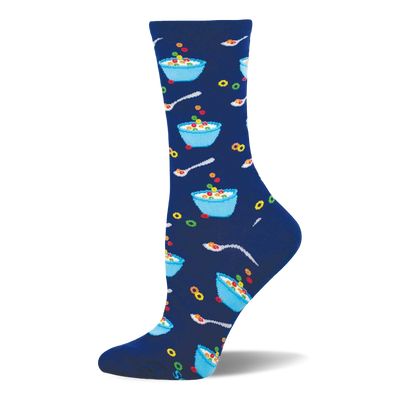 Navy blue crew socks with an all-over pattern of light blue bowls of colorful fruity cereal, white spoons, and individual cereal O's.