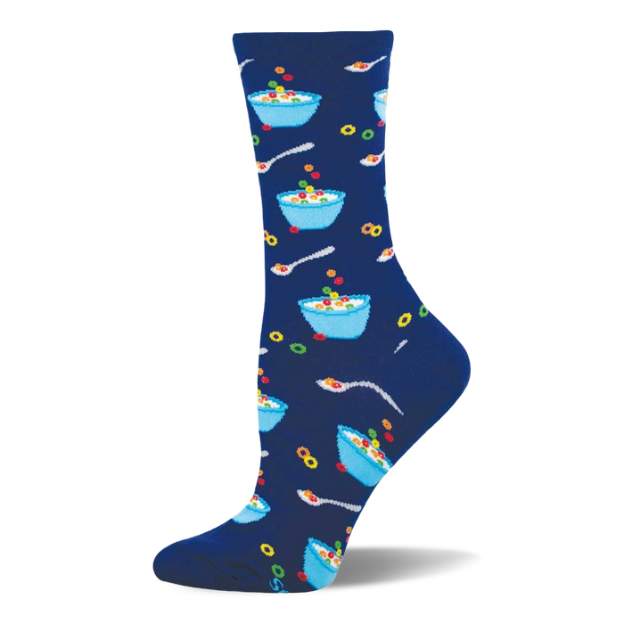 Navy blue crew socks with an all-over pattern of light blue bowls of colorful fruity cereal, white spoons, and individual cereal O's. }}