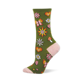 An olive green crew sock with pink toe, heel, and cuff, featuring a retro pattern of daisies, butterflies, hearts, and a mushroom.