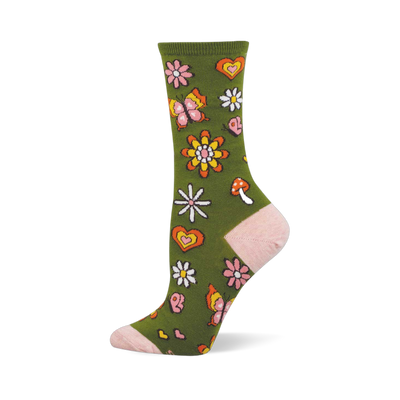 An olive green crew sock with pink toe, heel, and cuff, featuring a retro pattern of daisies, butterflies, hearts, and a mushroom.