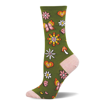 An olive green crew sock with pink toe, heel, and cuff, featuring a retro pattern of daisies, butterflies, hearts, and a mushroom.