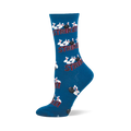 Blue crew socks with a repeating pattern of black bowling balls hitting white pins and the word "STRIKE!" in red.